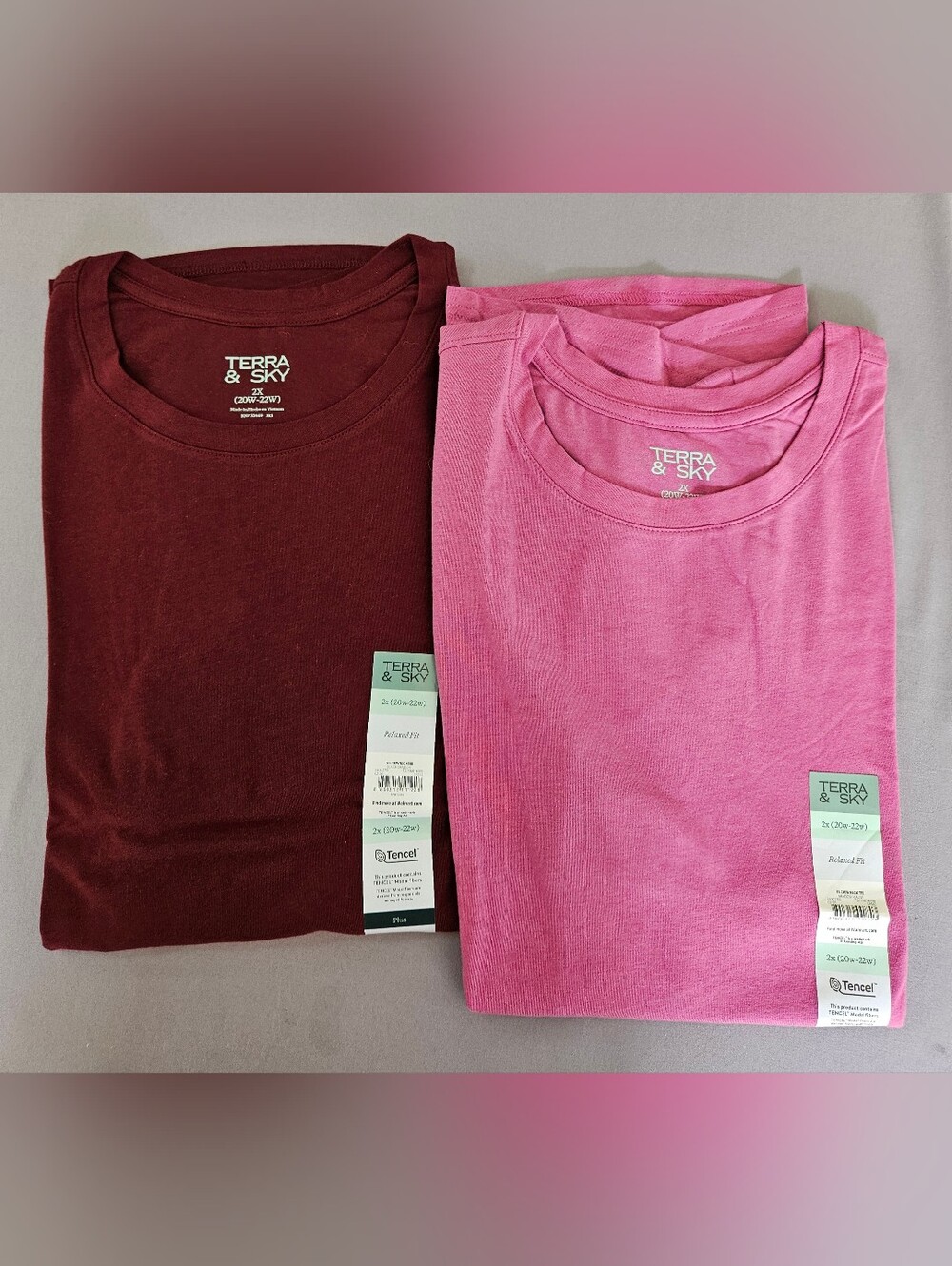 Terra & Sky Women's Plus 2X Crewneck Tee Lot of 2 - Crimson/Mauve - NWT